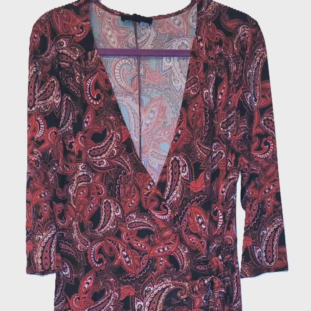 Ellos Faux Wrap Dress 18 3/4 Sleeves V Neck Retro Paisley Print Gently Used